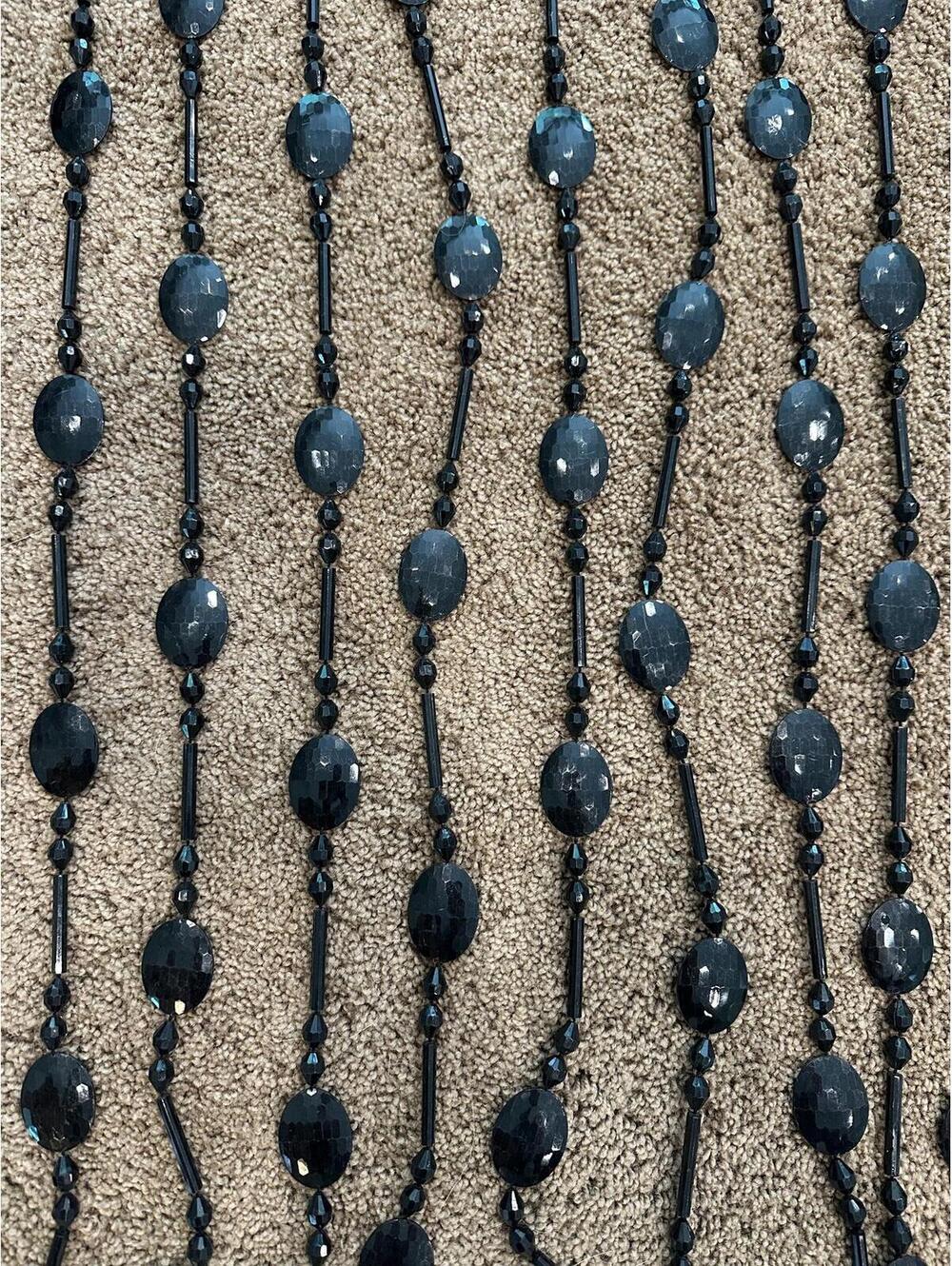 Vintage Black Acrylic Flat and Round Faceted Beaded Curtain 16 Strands